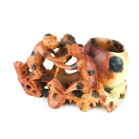 Vintage Detailed Hand Carved Soapstone Figurine Two Monkey's Bowl/Vase - Picture 2 of 11